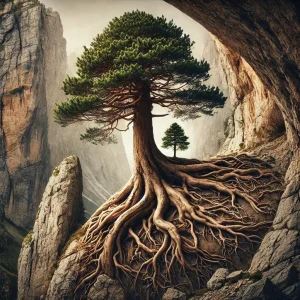 DALL·E 2024-11-20 18.39.16 - A strong, symbolic tree growing against a vertical rock face or cliff, with its deep roots visible and spreading across the rocky surface, finding str